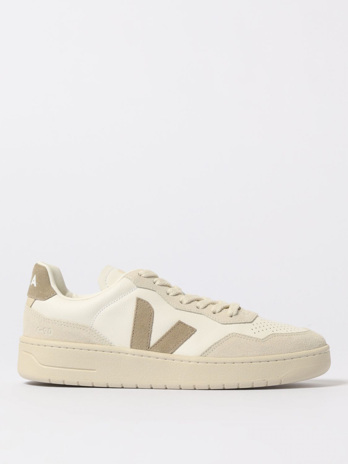 Veja V-90 Panelled Grained Leather Sneakers In Neutral