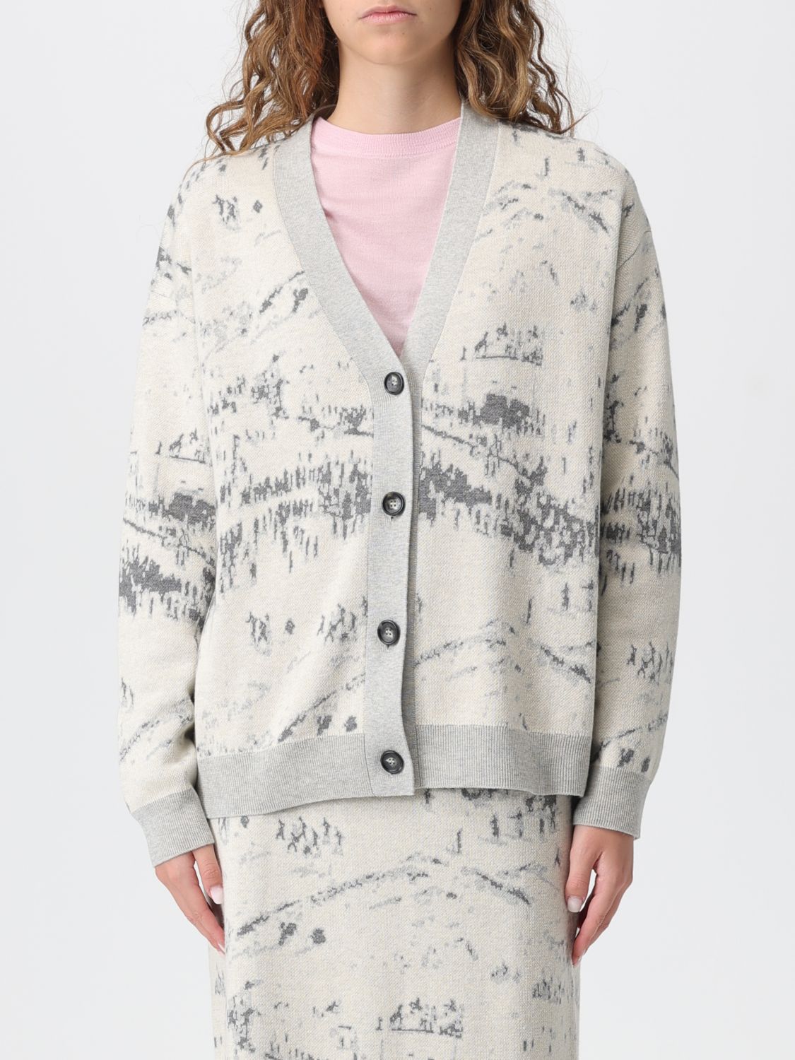 Ballantyne Fine Knit V-neck Cardigan With Button-down Front In Gray