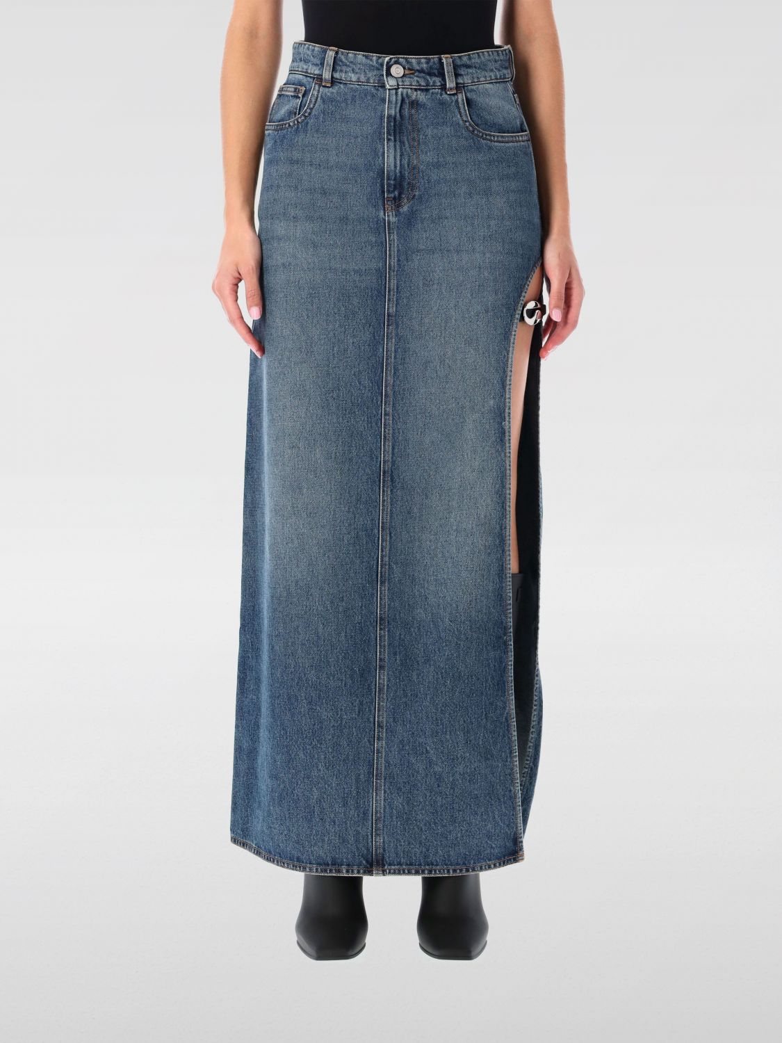 Coperni Midi Denim Skirt With Side Slit In Blue