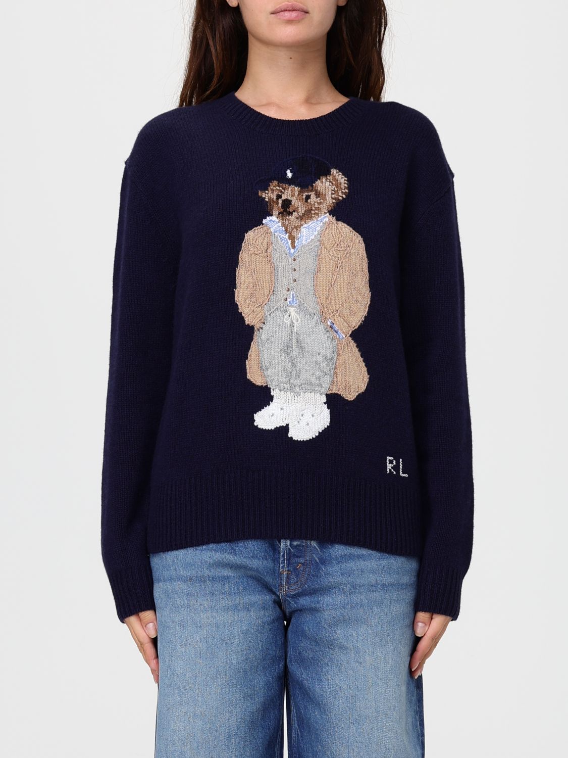 Polo Ralph Lauren Blue Crewneck Sweater With Maxi Logo Bear On The Front In Wool And Cashmere Woman In Blue