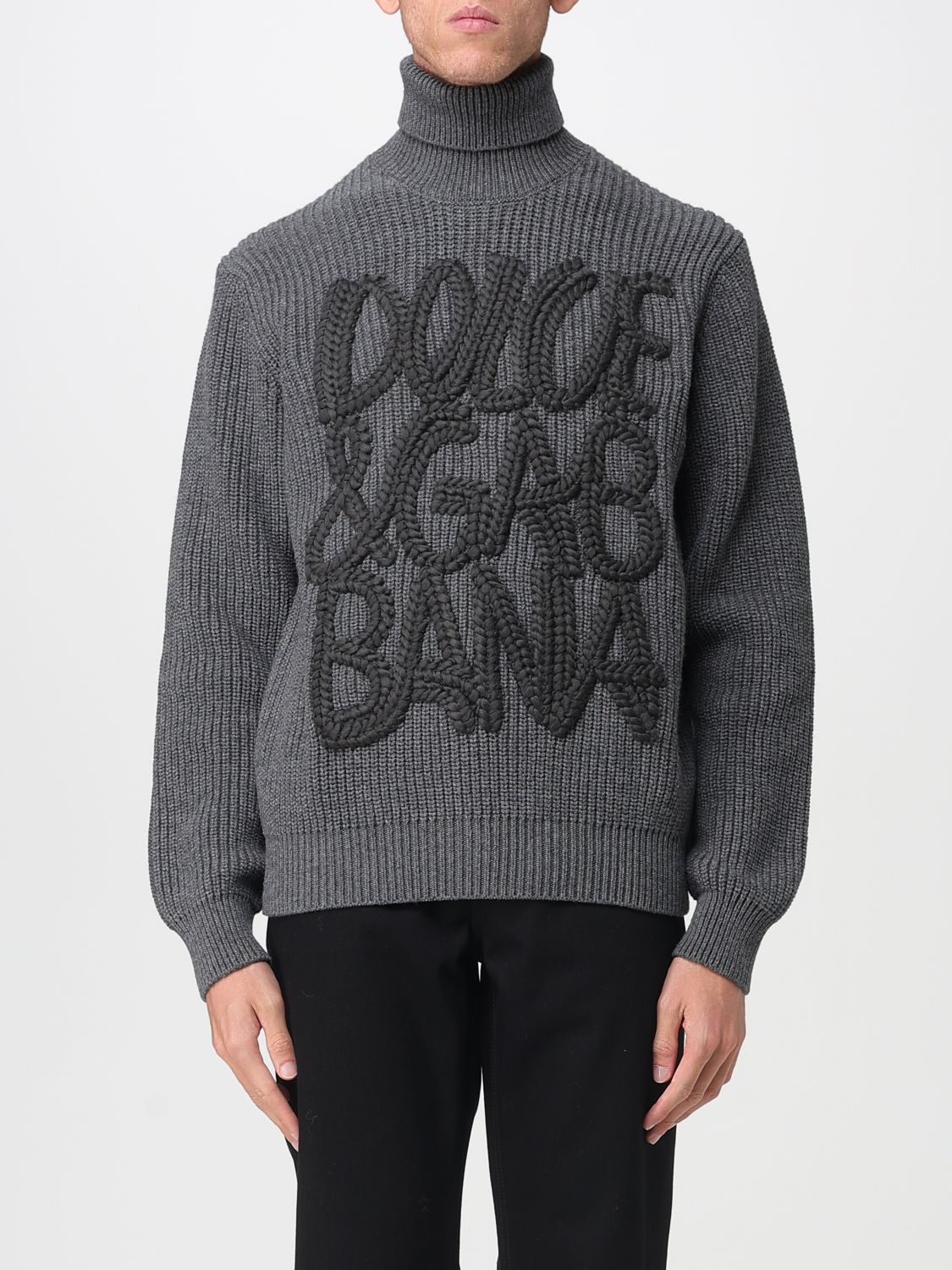Dolce & Gabbana Ribbed Texture Wool Turtleneck Sweater In Gray