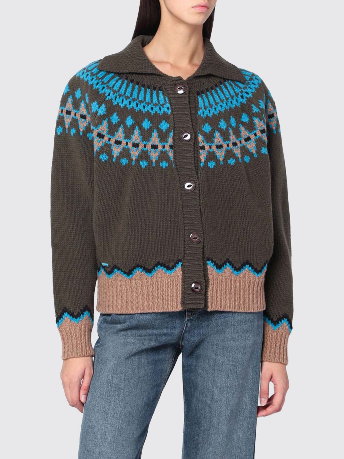 Alanui Olive Green Fair Isle Patterned Cardigan In Green