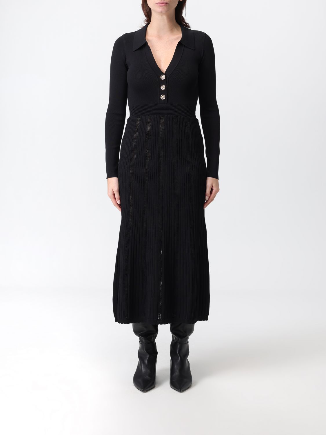 Twinset Pleated Button-embellished Midi Dress In Black