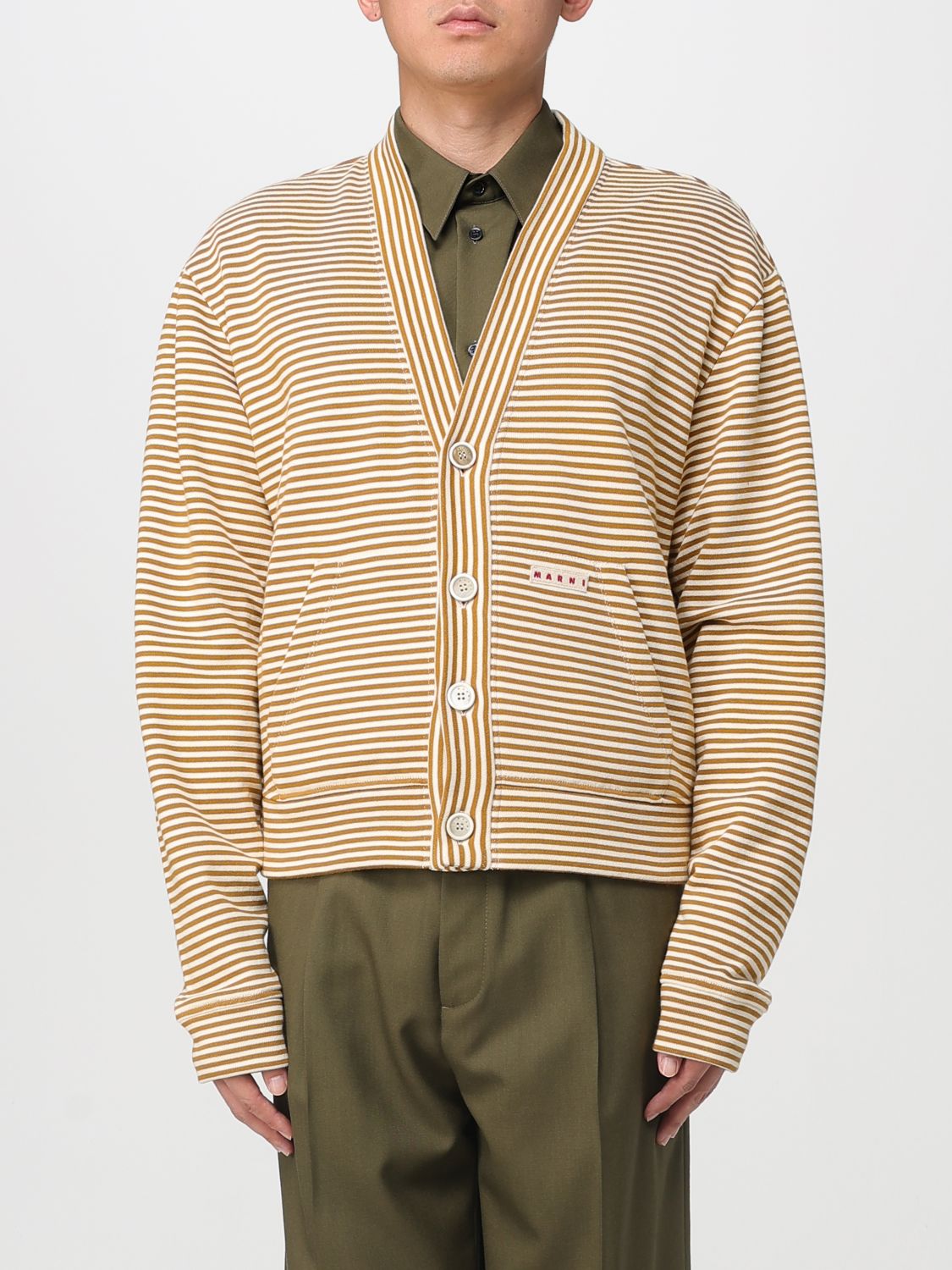 Marni Cropped Cardigan Sweater With Horizontal Stripes And Logo Detail In Yellow