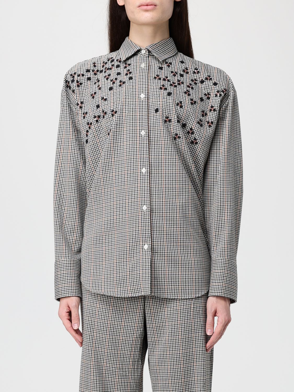 Msgm Classic Checkered Shirt With Floral Embroidery In Gray