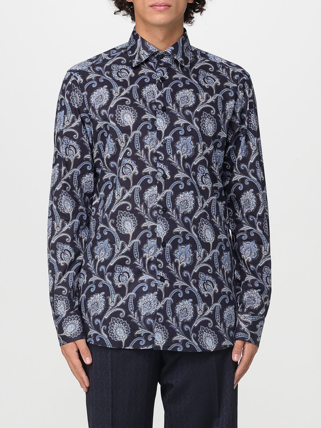 Etro Blue Cotton Shirt With All Over Paisley Print In Blue