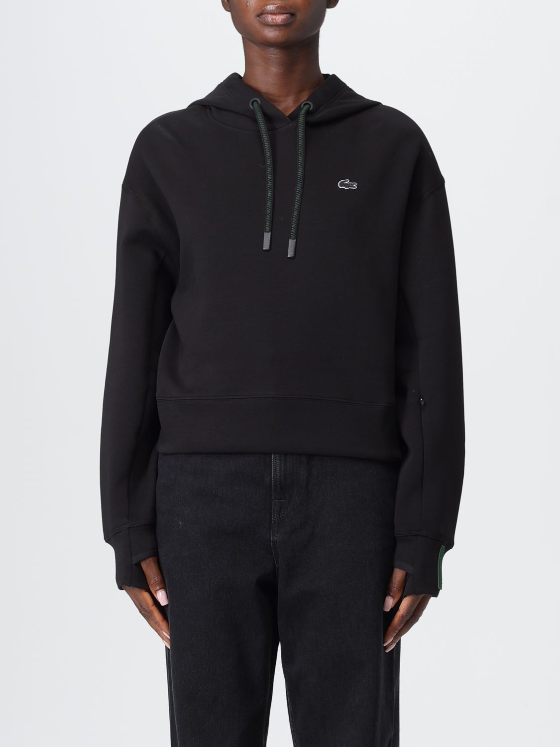 Lacoste Embroidered-logo Thumb-slot Hoodie In Black