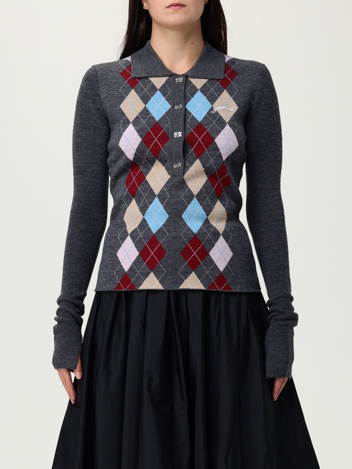 Ganni Long-sleeved Polo Shirt With Argyle Pattern In Gray