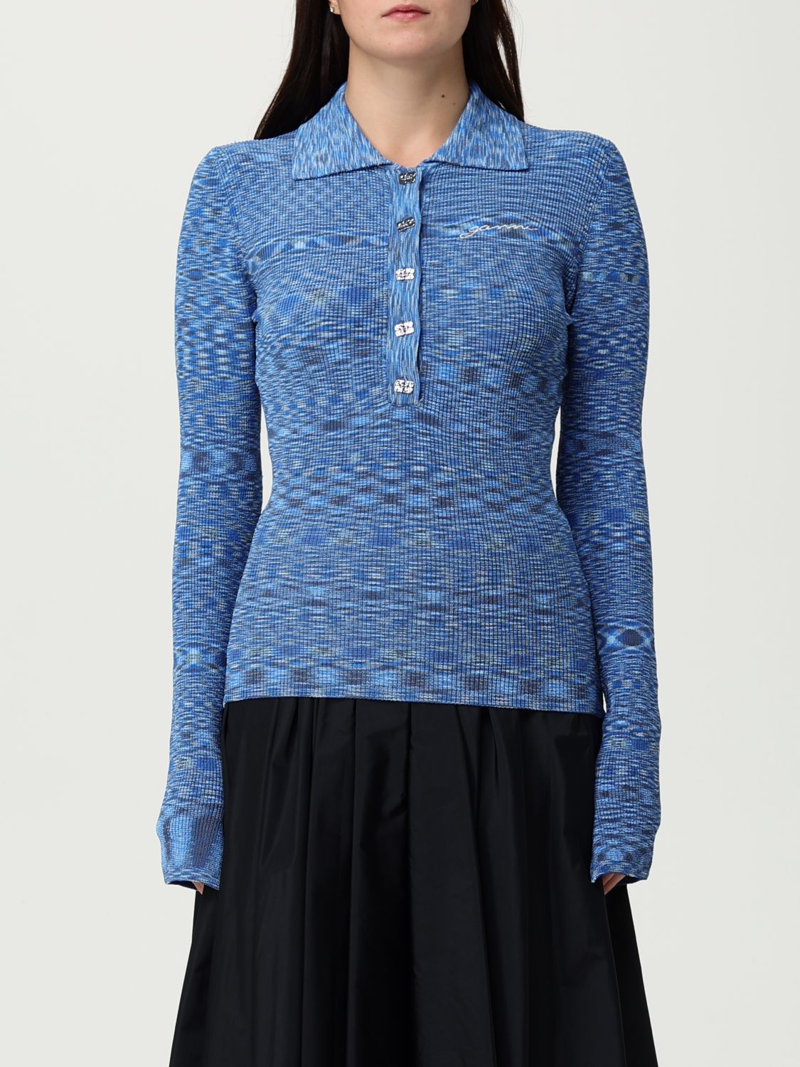 Ganni Spacedyed Logo-button Polo Top In Blue