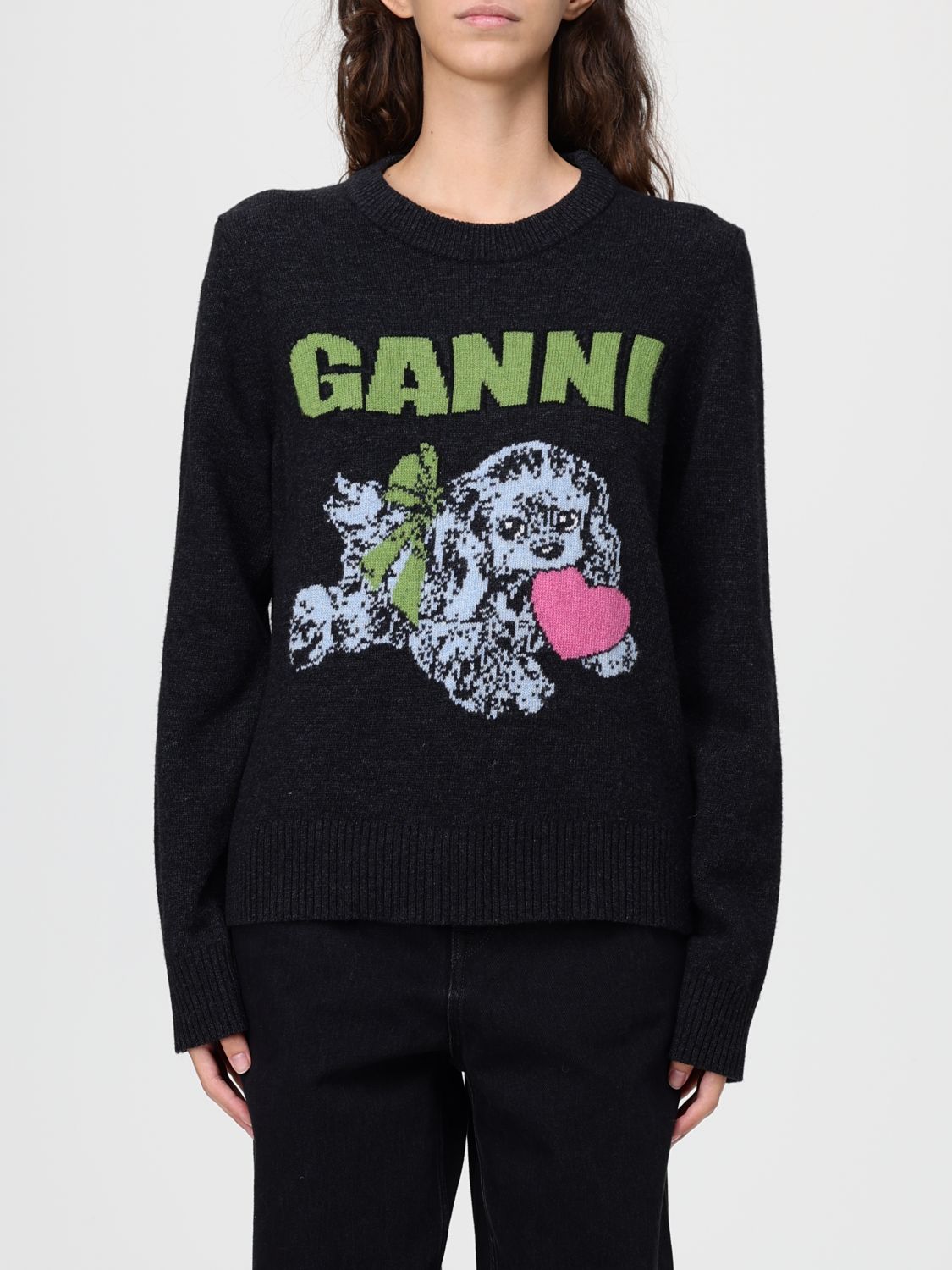 Ganni Dark Grey Puppy Wool-blend Sweater Women In Black