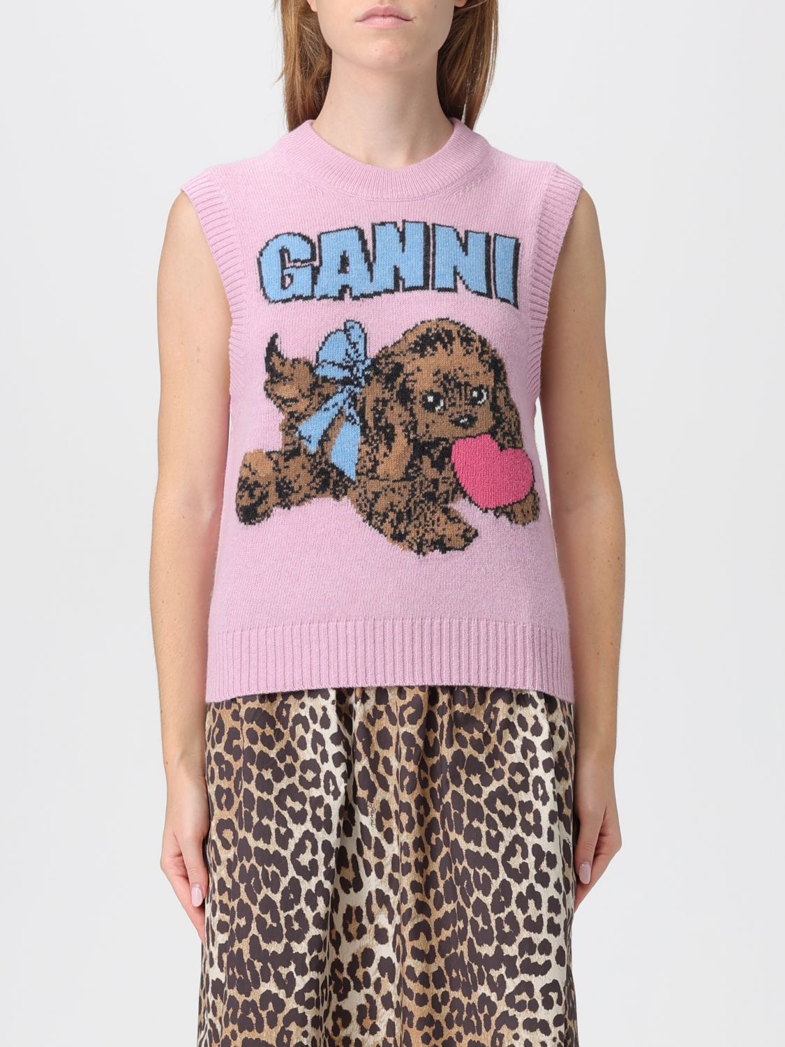 Ganni Womens Chalk Pink Puppy Round-neck Wool-blend Vest In Pink