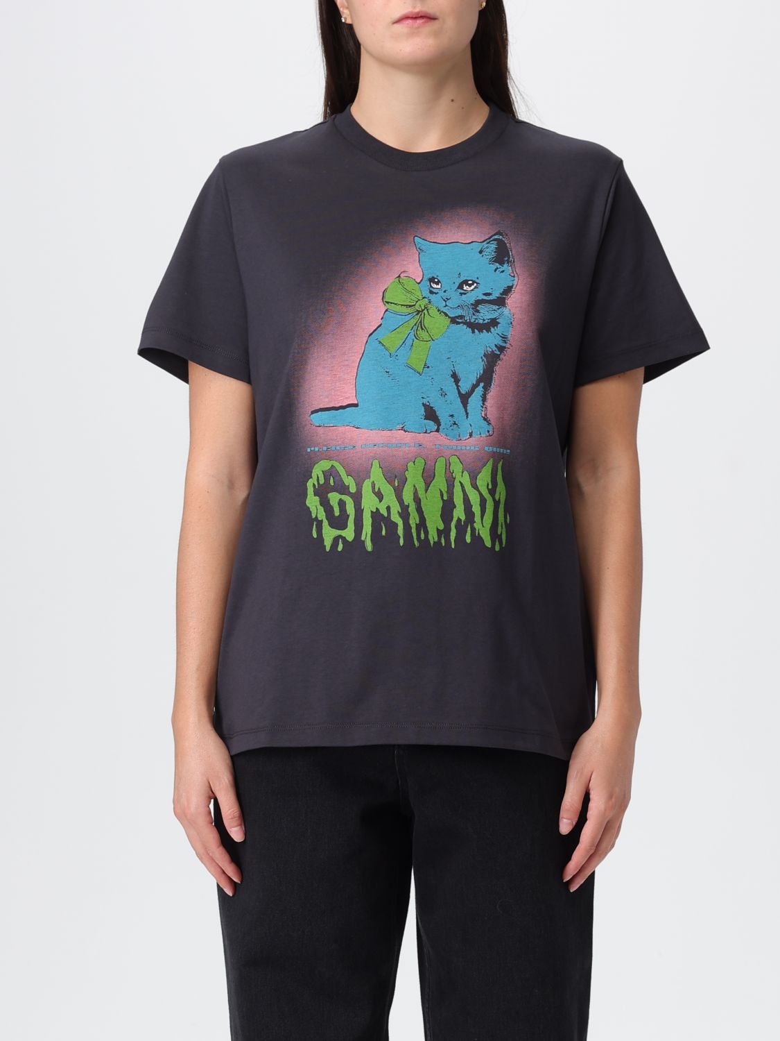 Ganni Women Black Crewneck T-shirt With Maxi Logo On The Front In Cotton Jersey Woman In Gray
