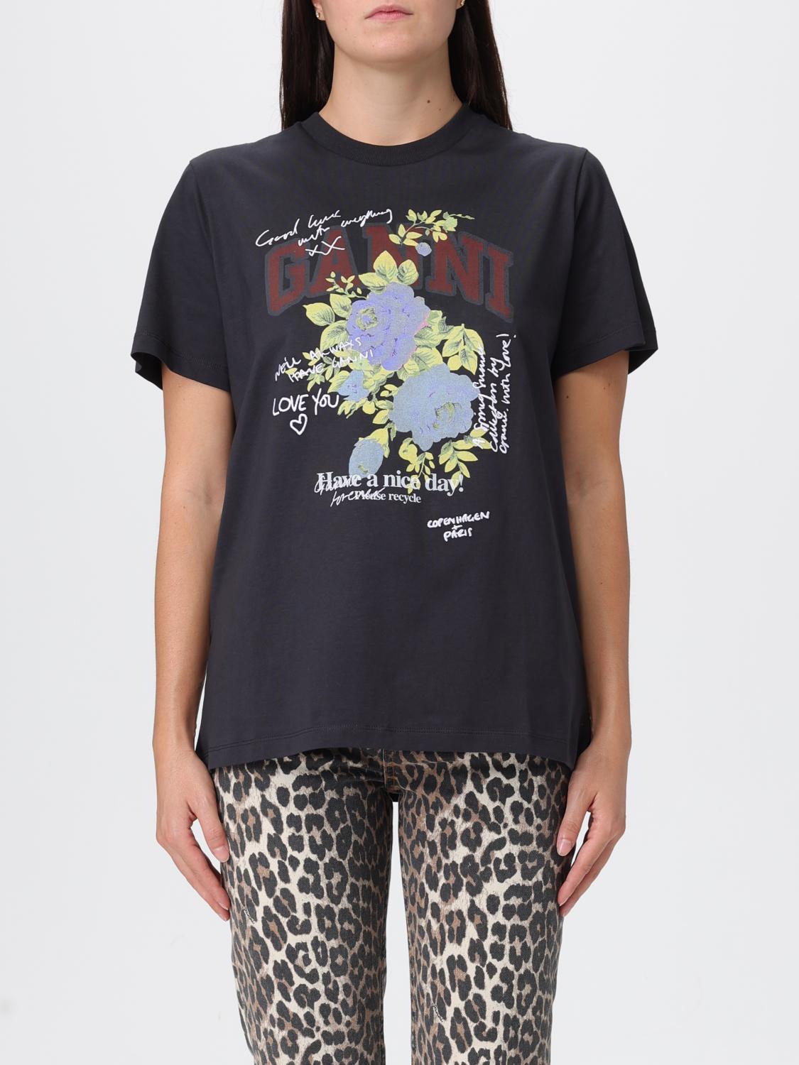 Ganni Graphic Print Crew Neck Short Sleeve Top In Gray