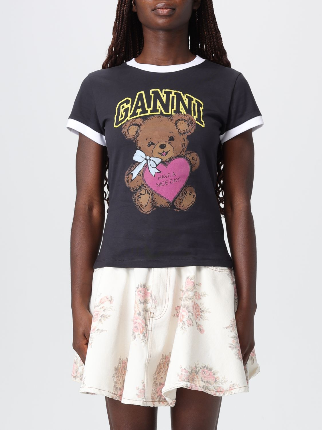 Ganni T-shirt With White Hems And Teddy Bear Print In Gray