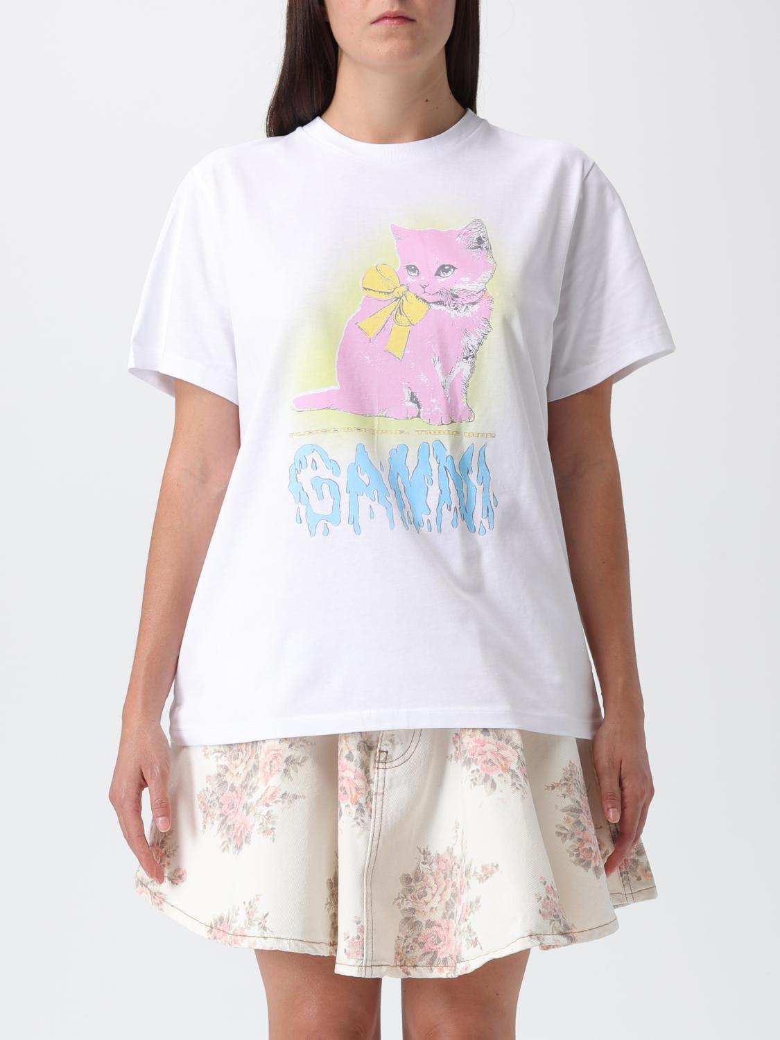 Ganni White Kitty T-shirt In Multi
