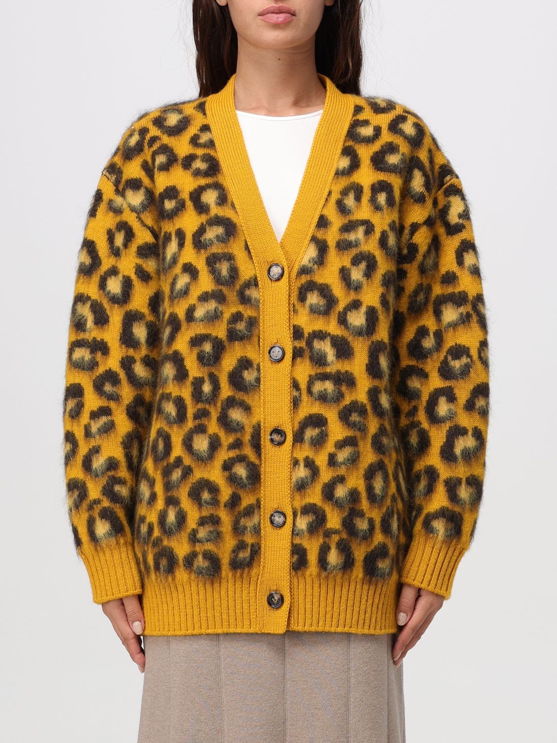 Bottega Veneta Womens V-neck Leopard Wool-blend Cardigan Egg Yolk Fondant In Brown