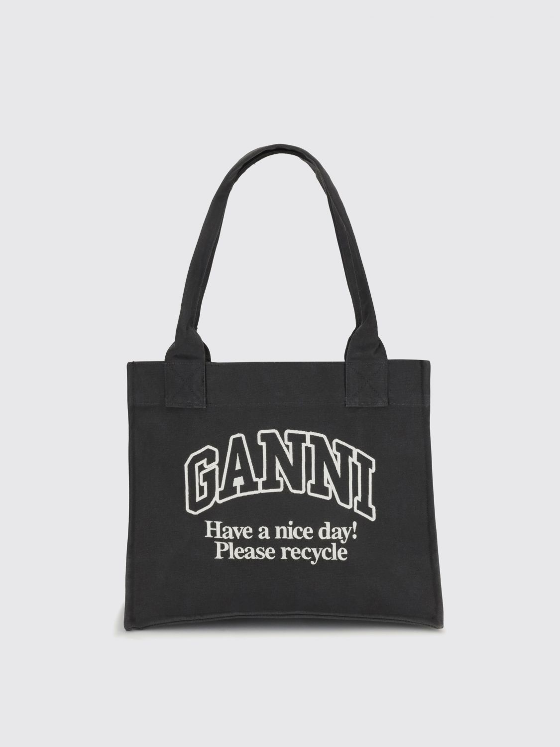 Ganni Women Black Shopper With Embroidered Logo On The Front In Denim Woman In Black