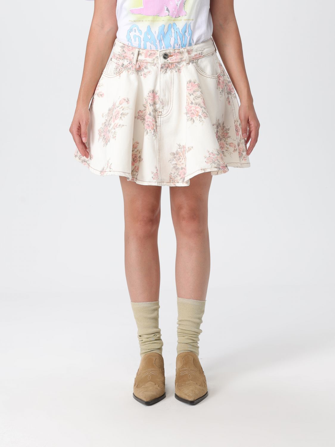 Ganni Women Floral Print Denim Miniskirt In Multi
