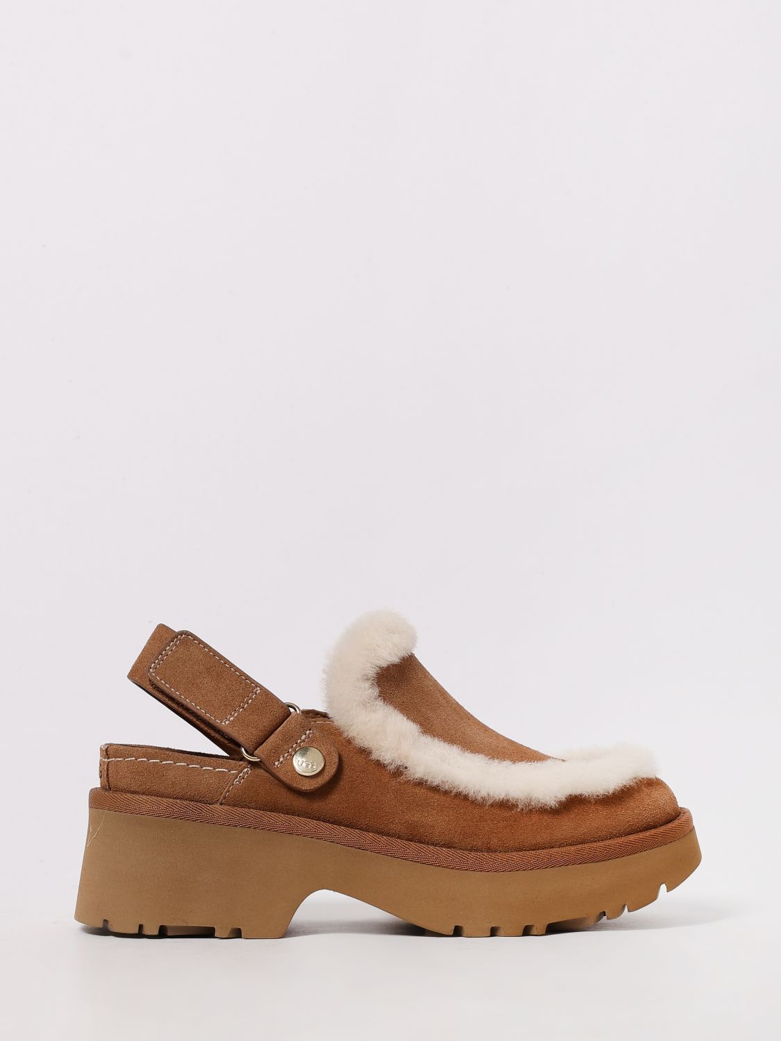 Ugg Suede Leather Clog With Sheepskin Trim In Brown