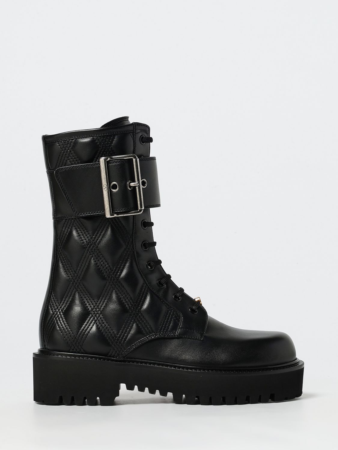 Valentino Quilted 67 Vlogo Leather Combat Boots In Animal Print