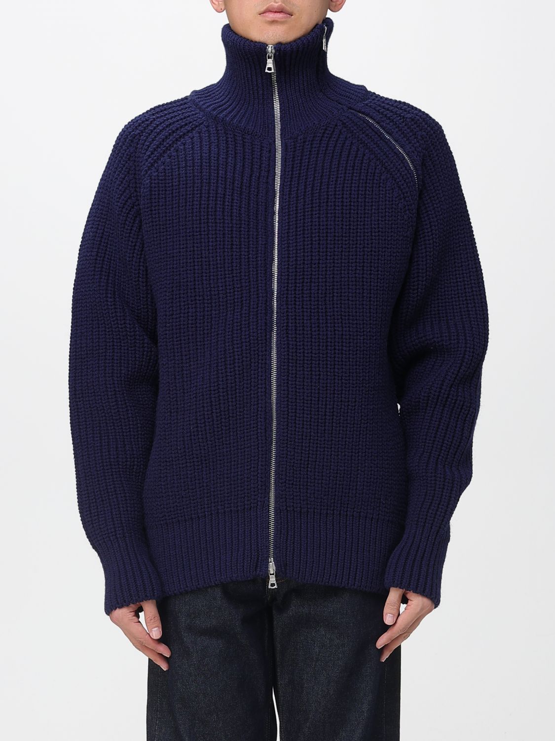 Dries Van Noten Chunky Knit High Collar Wool Sweater In Blue
