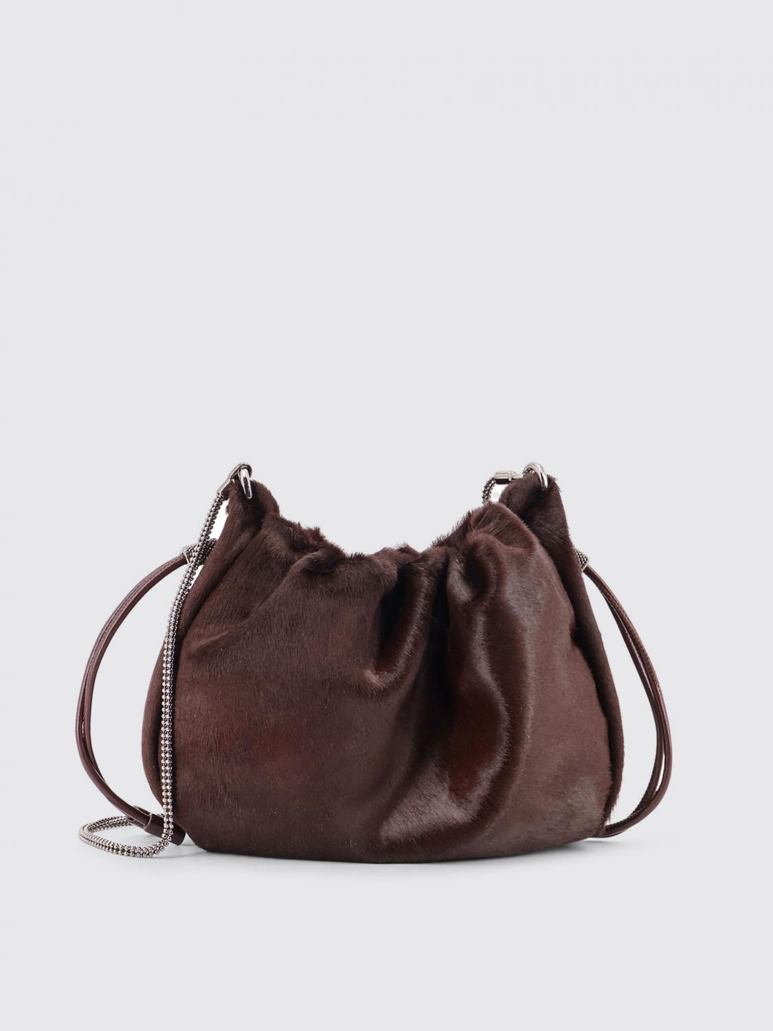 Brunello Cucinelli Mellow Mini Bucket In Calf Hair With Precious Chain Bags In Brown