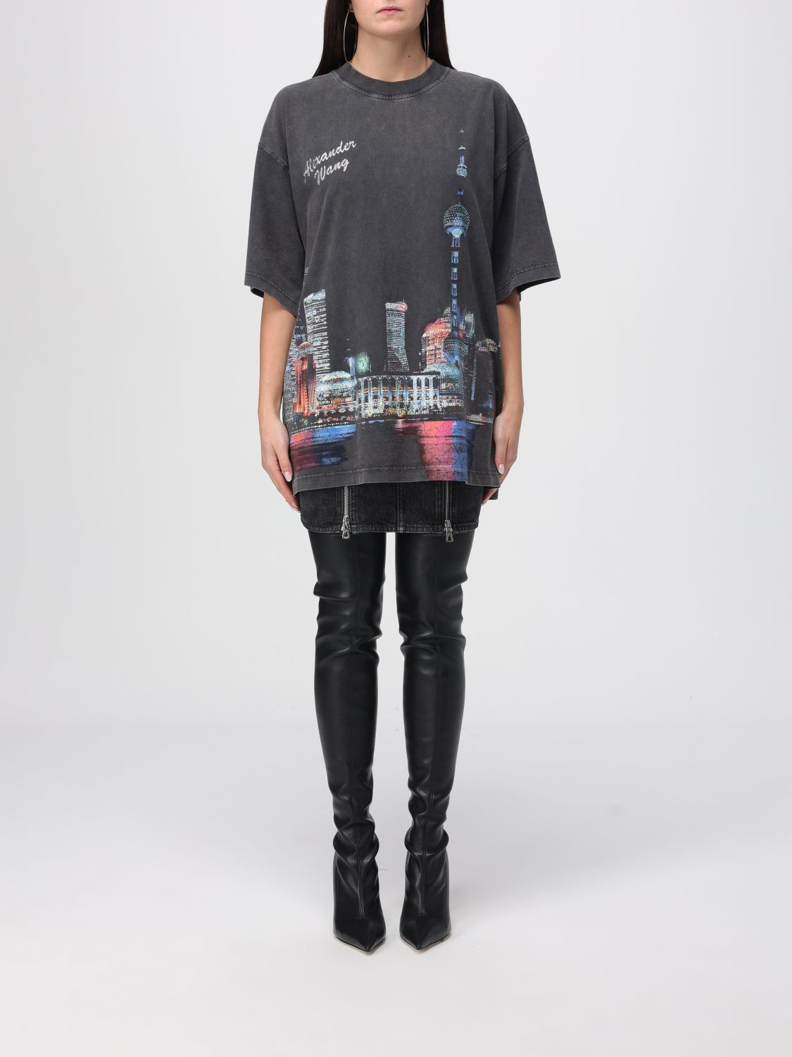 Alexander Wang Shanghai Skyline Graphic Rhinestone T-shirt In Black