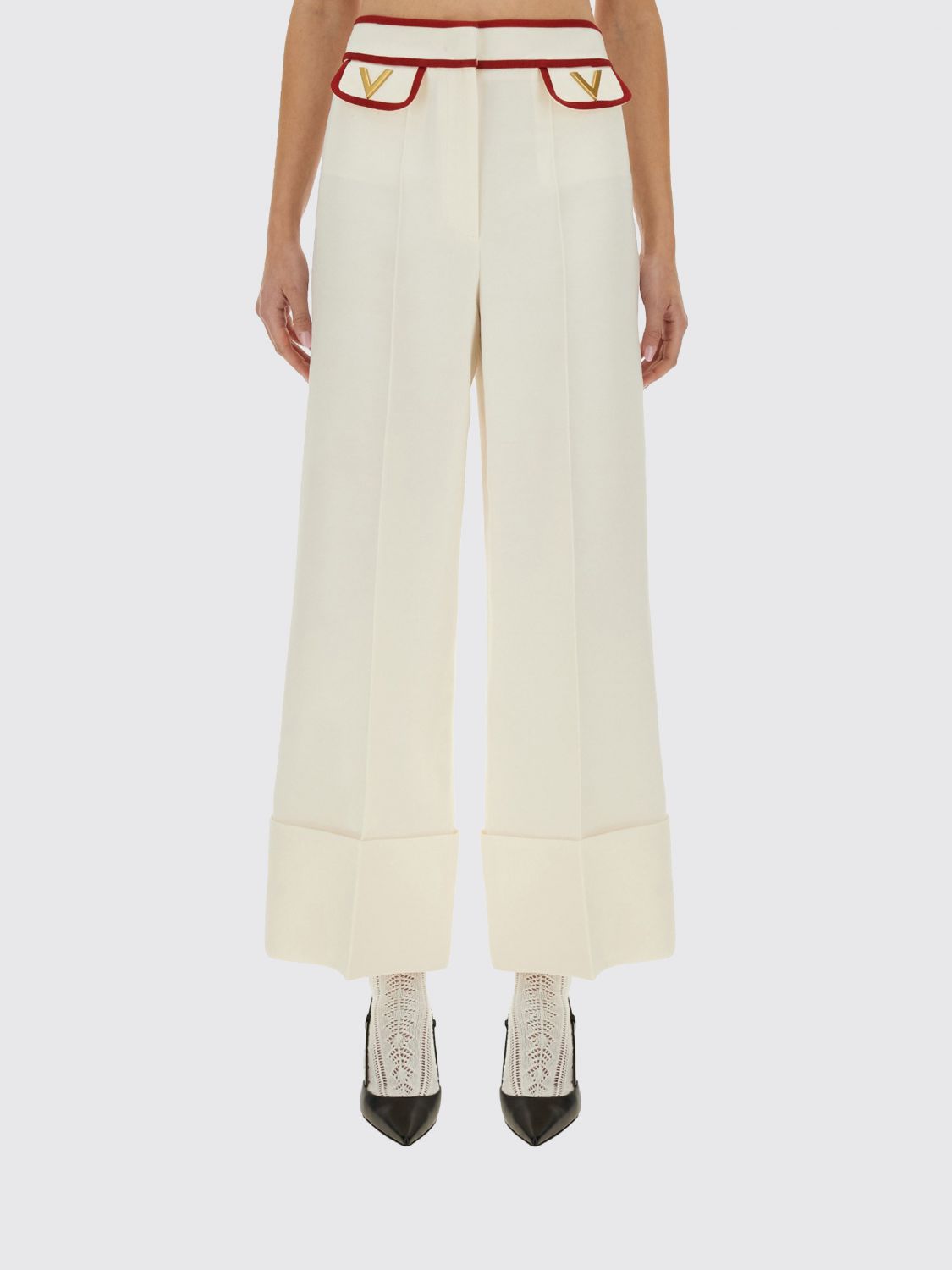 Valentino Ivory Trousers With Gold V In Neutral