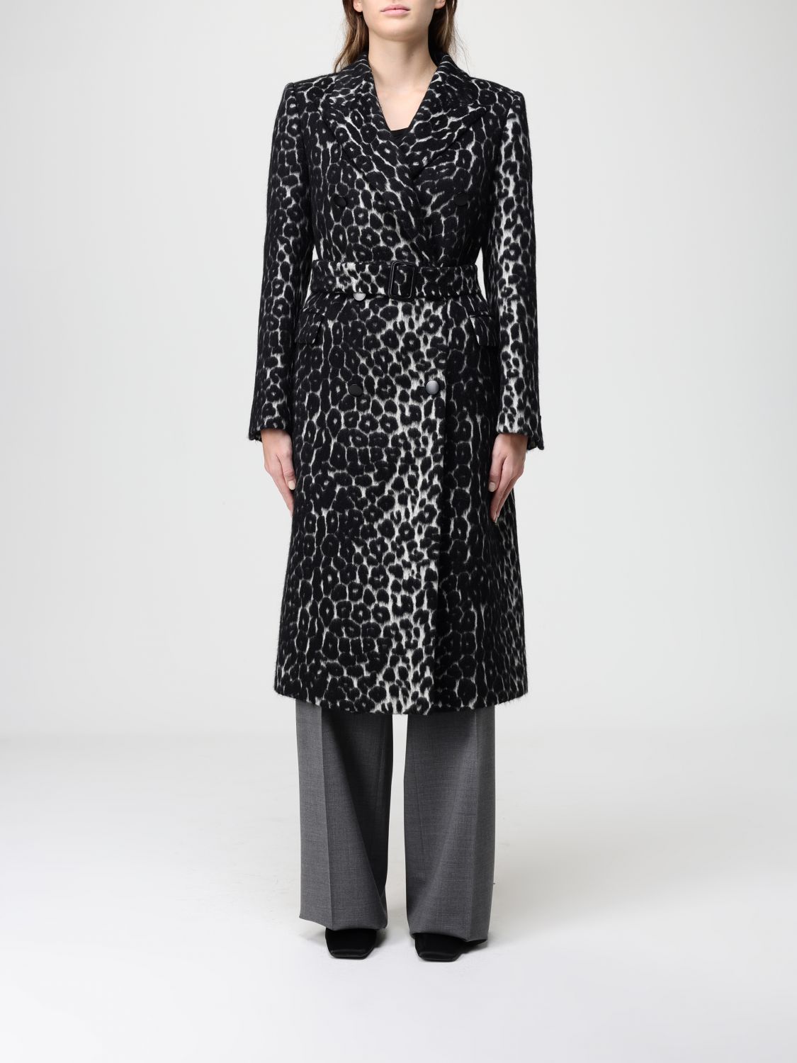 Tagliatore Long Leopard Print Coat With Belted Waist In Black