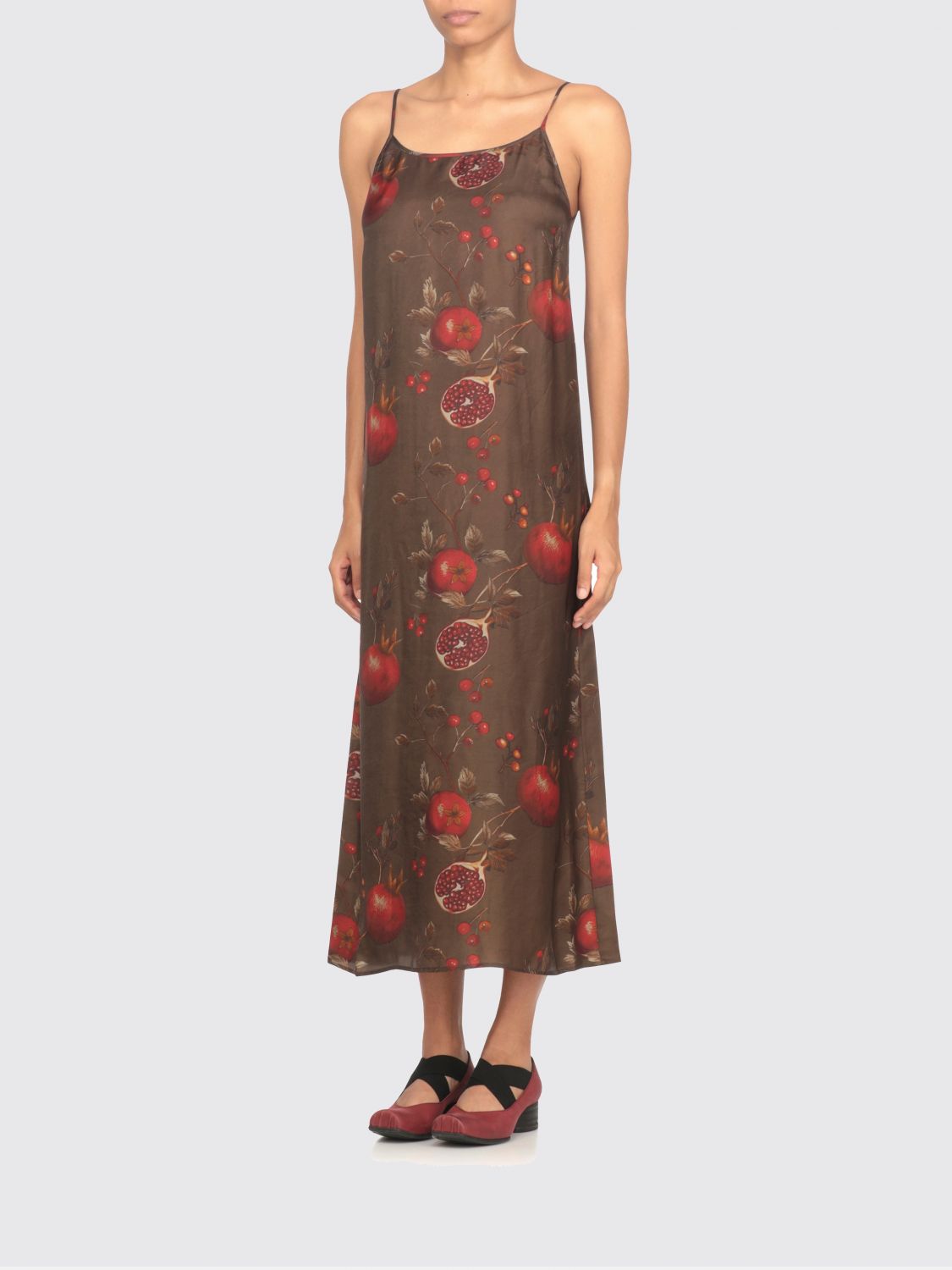 Uma Wang Midi Dress With Shoulder Straps And Floral Print In Brown