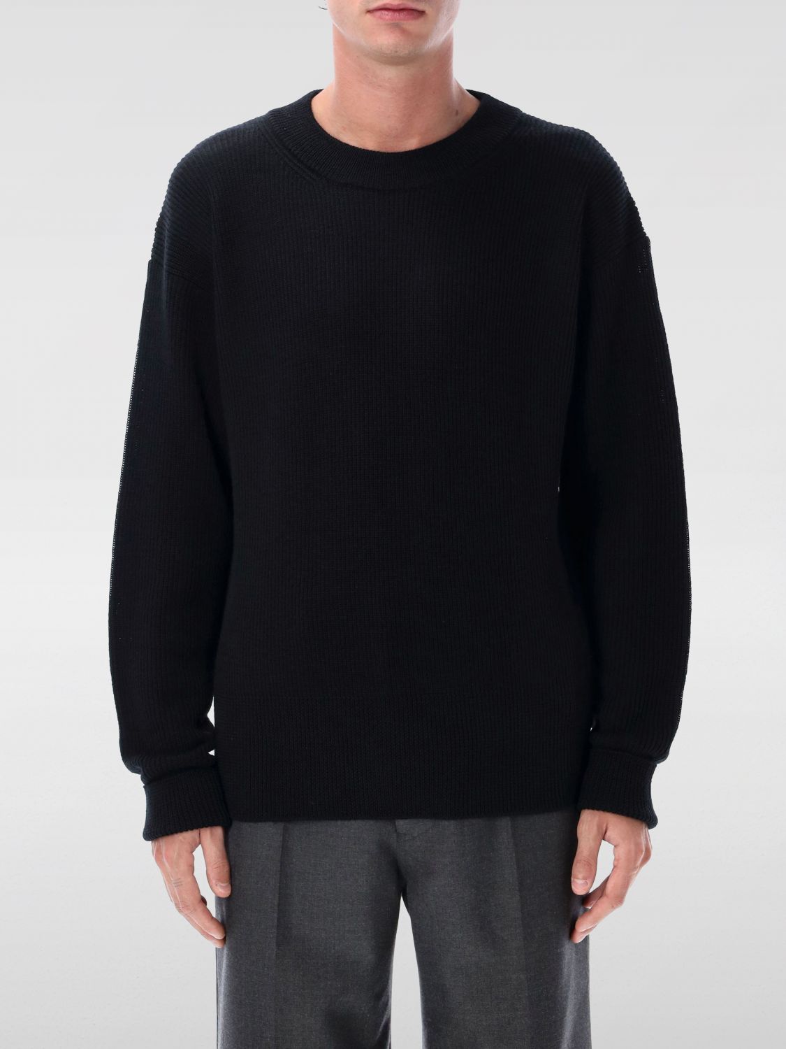 Lemaire Boxy Round Neck Sweater In Ribbed Virgin Wool In Black