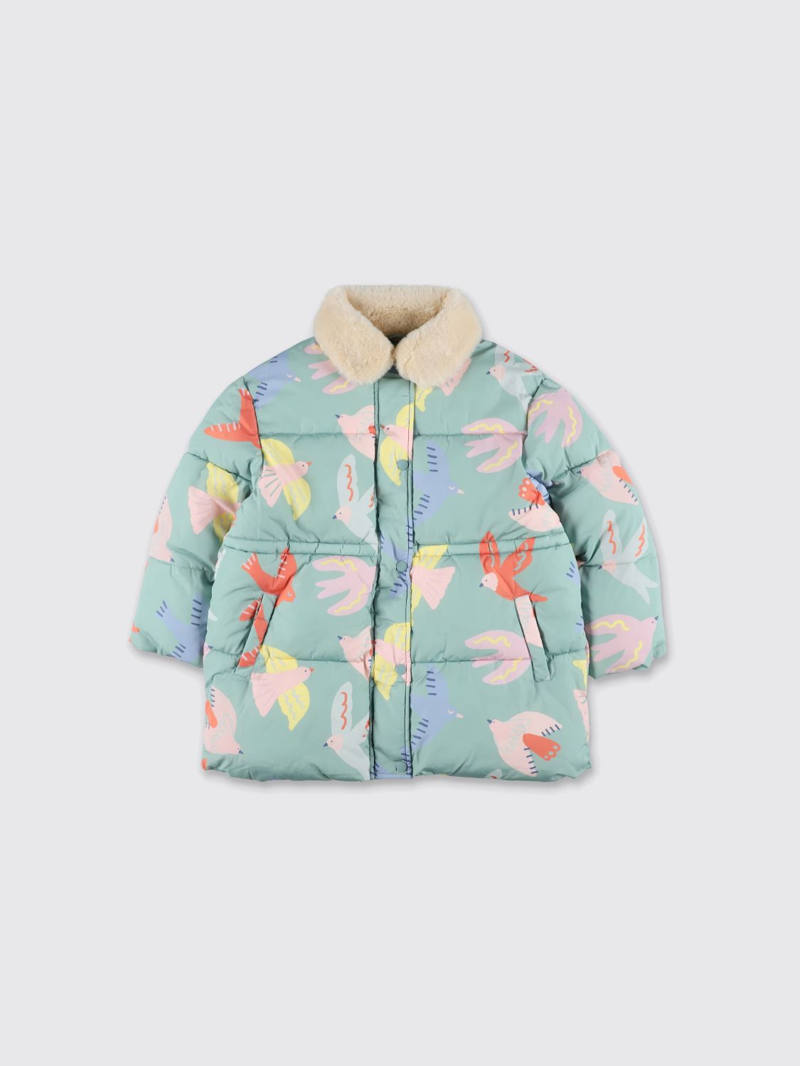 Stella Mccartney Dove Print Teddy Collar Puffer Coat In Blue