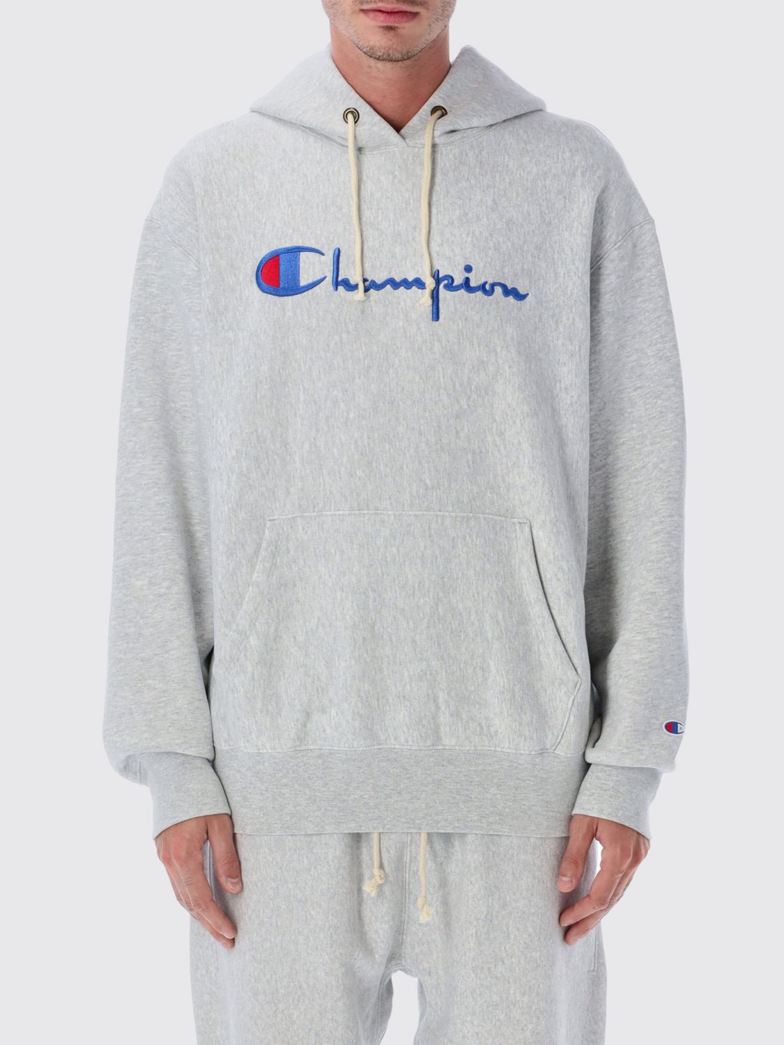 Champion Reverse Weave Logo Hoodie In Gray