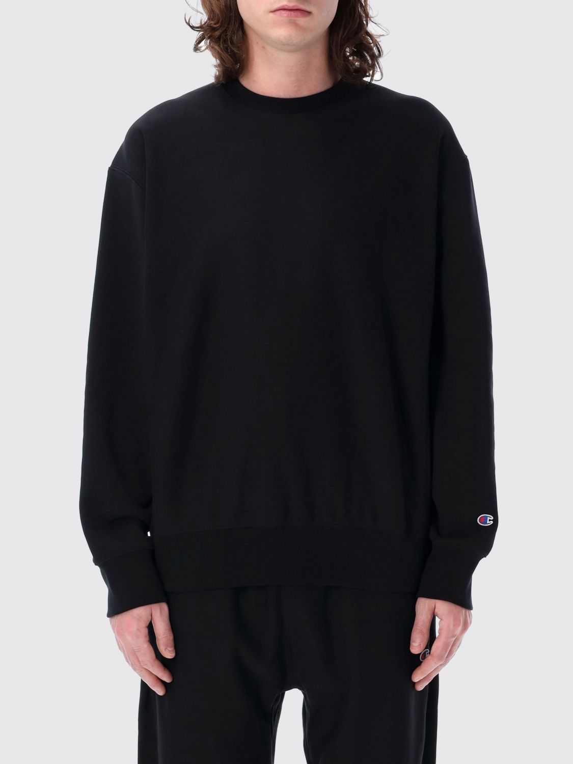Champion Reverse Weave Crewneck Patch In Black