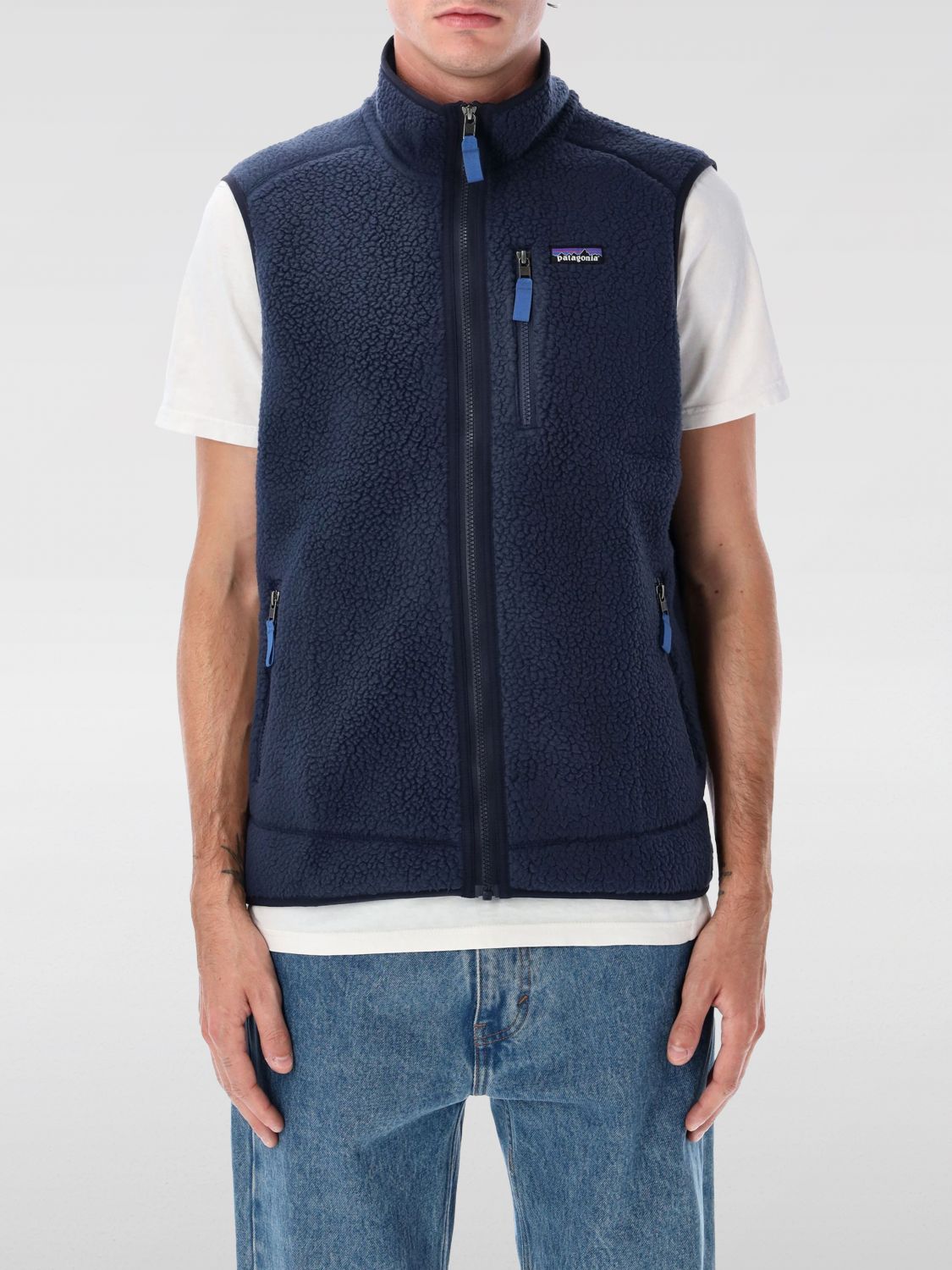 Patagonia Blue Stand Collar Logo Vest In Blue