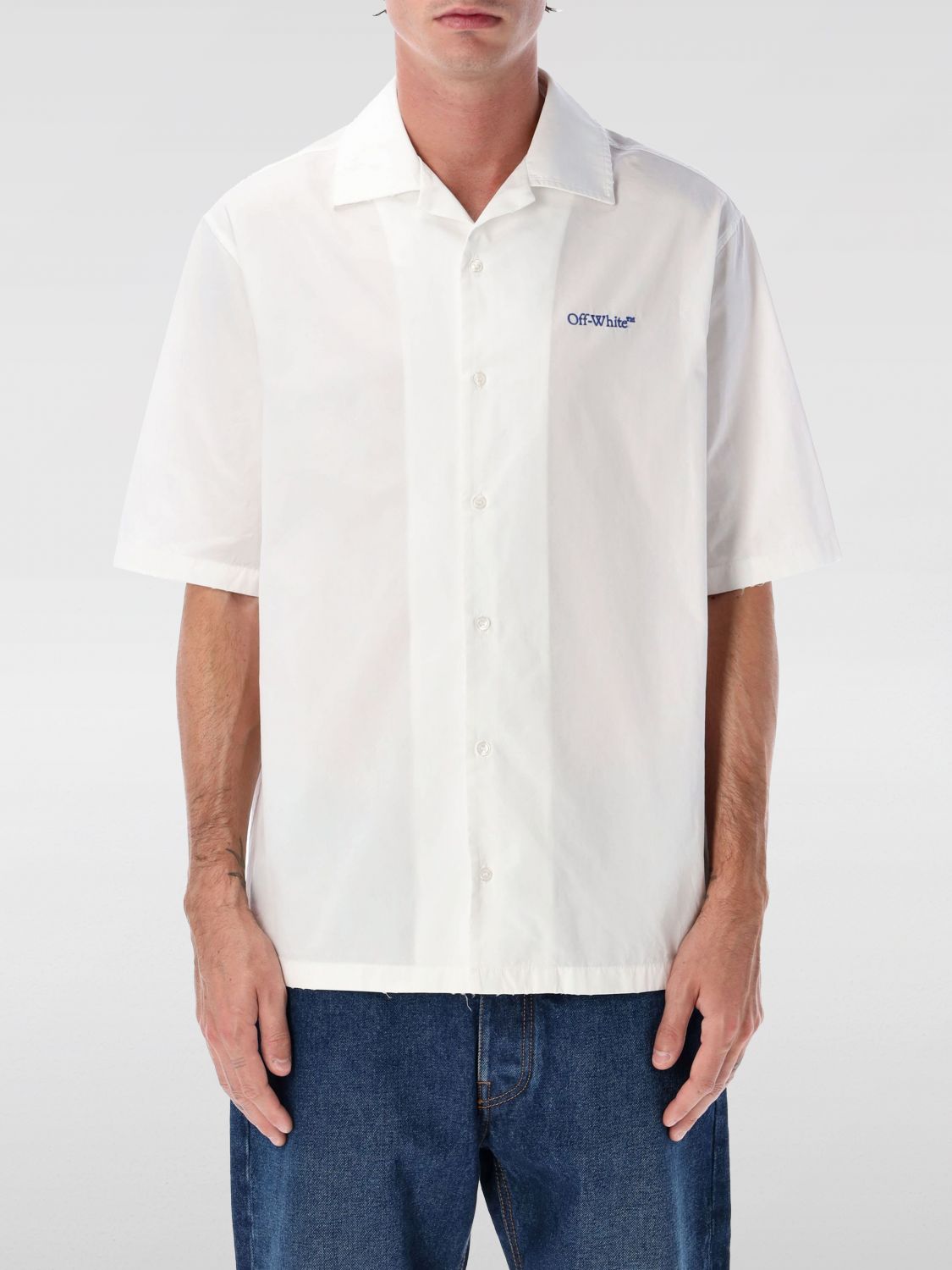 Off-white Brush Arrow Poplin Bowling Shirt With Embroidered Logo In White
