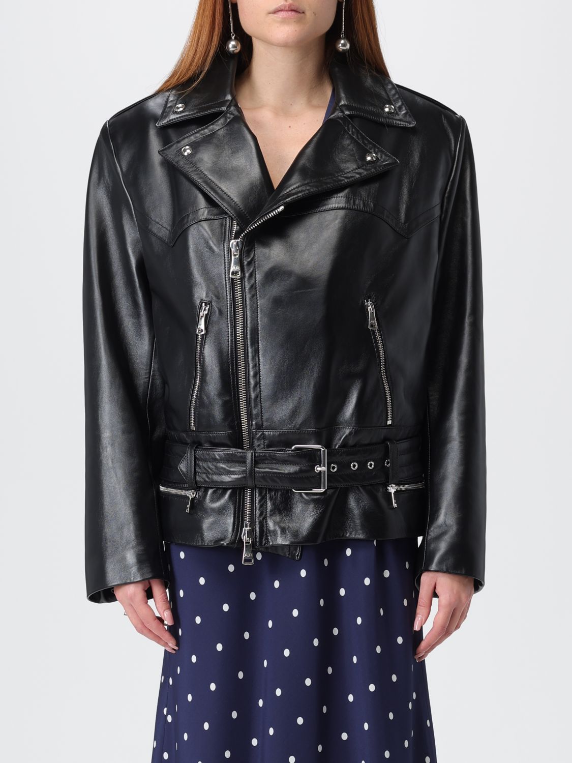 Alessandra Rich Leather Jacket Featuring Belted Waist And Epaulettes In Multi
