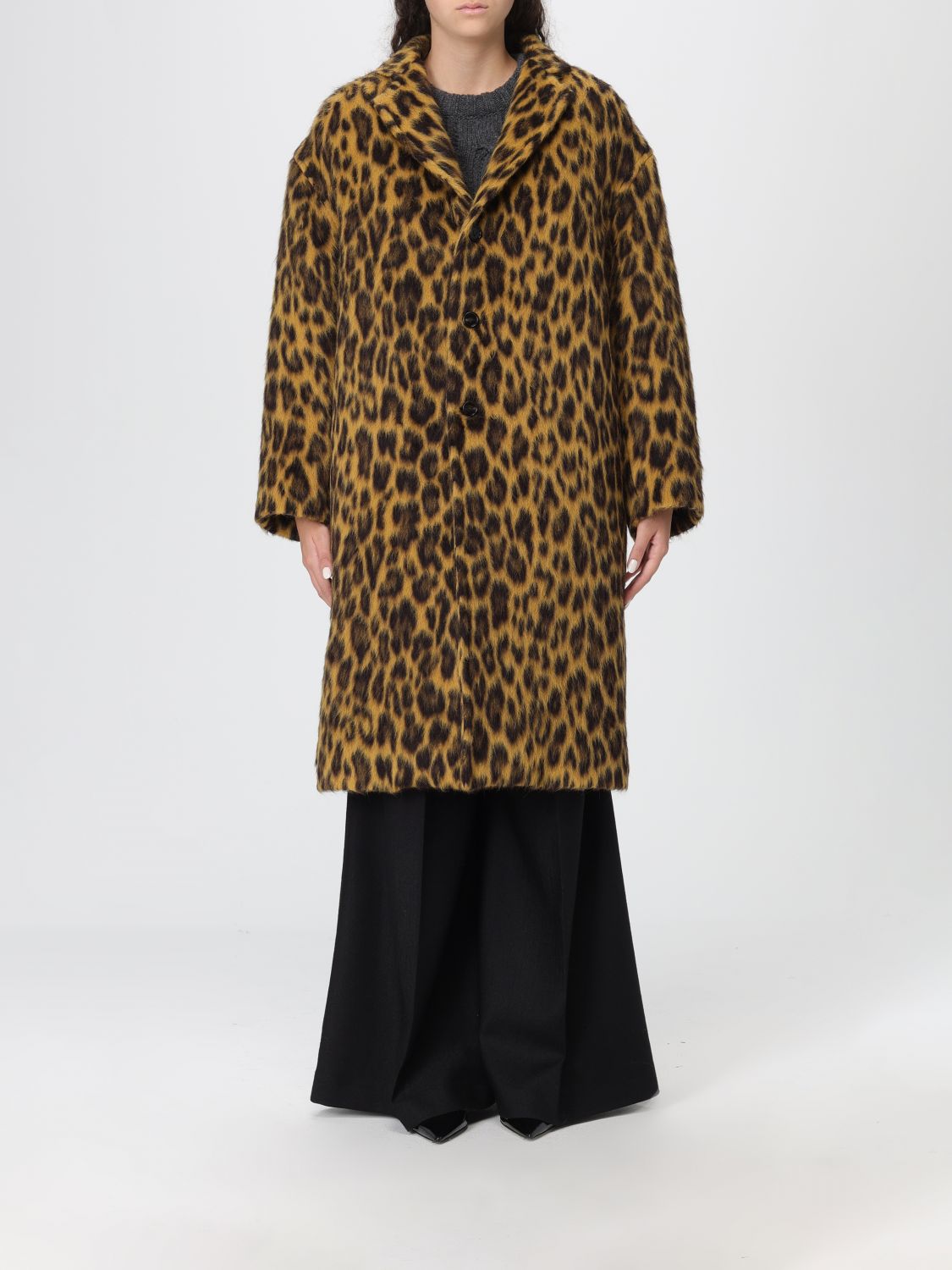 Bottega Veneta Women Multicolor Single-breasted Coat With Notched Revers And All-over Leopard Print  In Brown