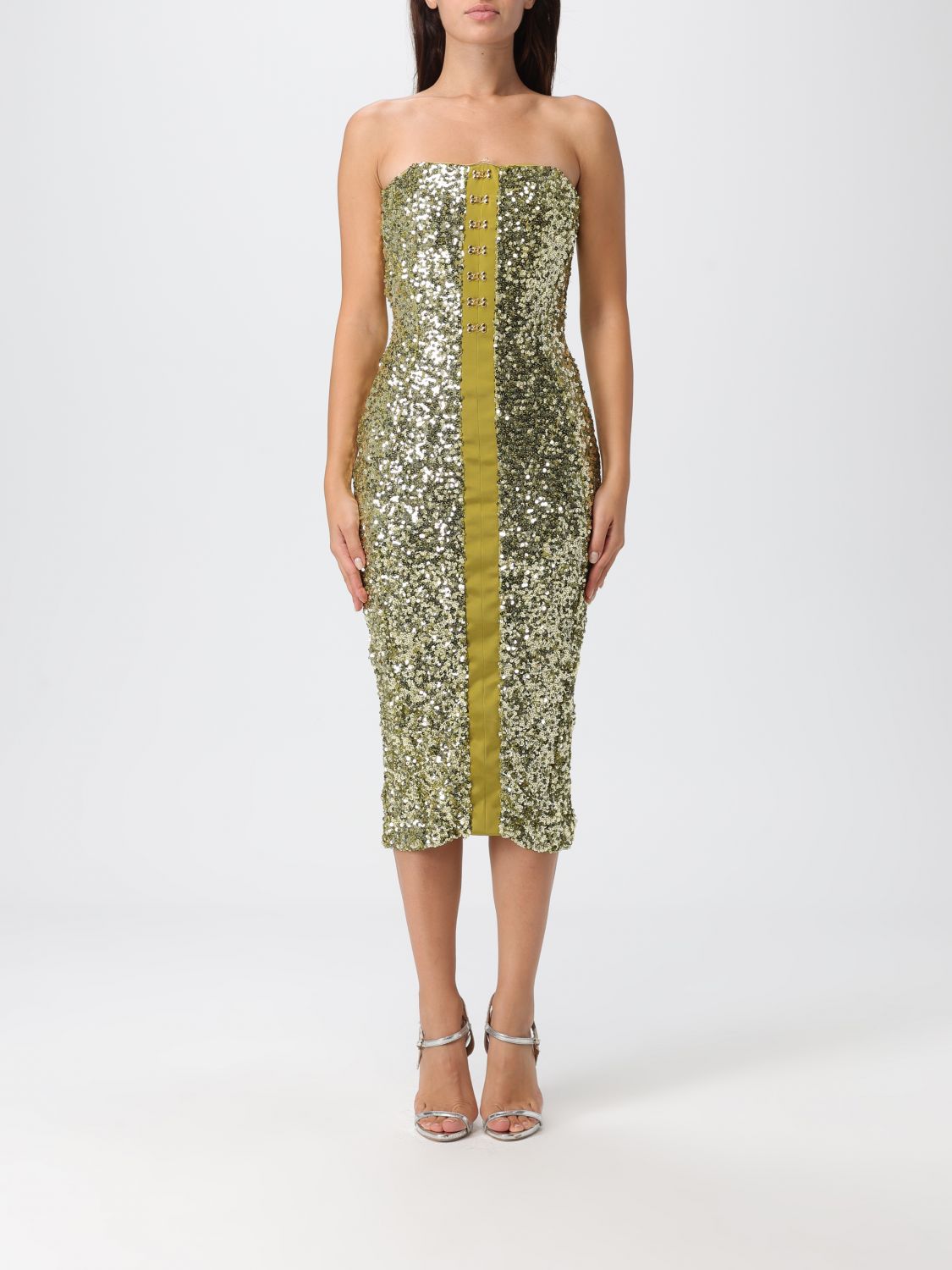 Elisabetta Franchi Sequin Strapless Midi Dress In Green