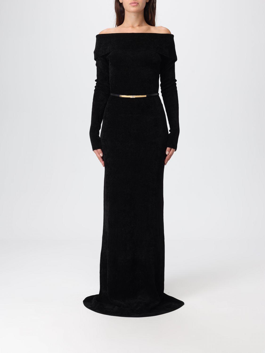 Elisabetta Franchi Red Carpet Chenille Dress With Belt In Black