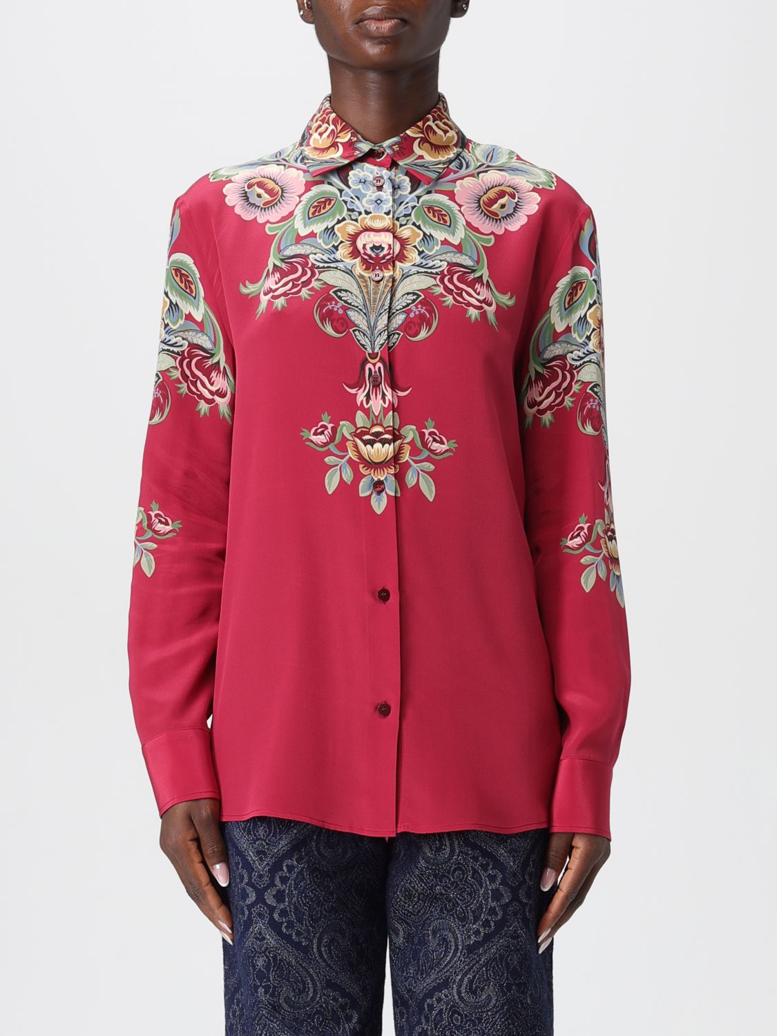 Etro Silk Shirt With Placed Print In Pink
