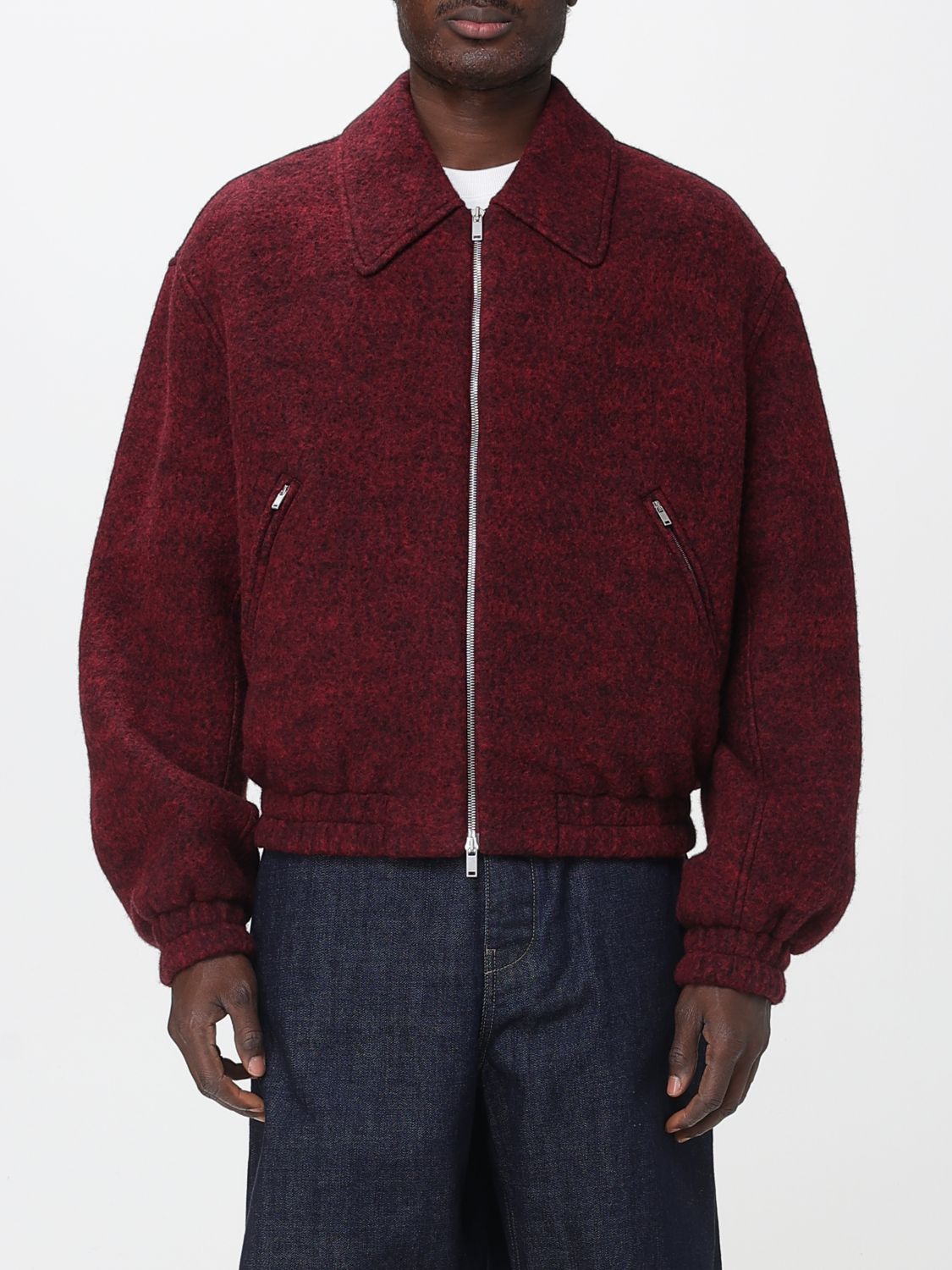 Jil Sander Mélange Wool Bomber Jacket In Burgundy