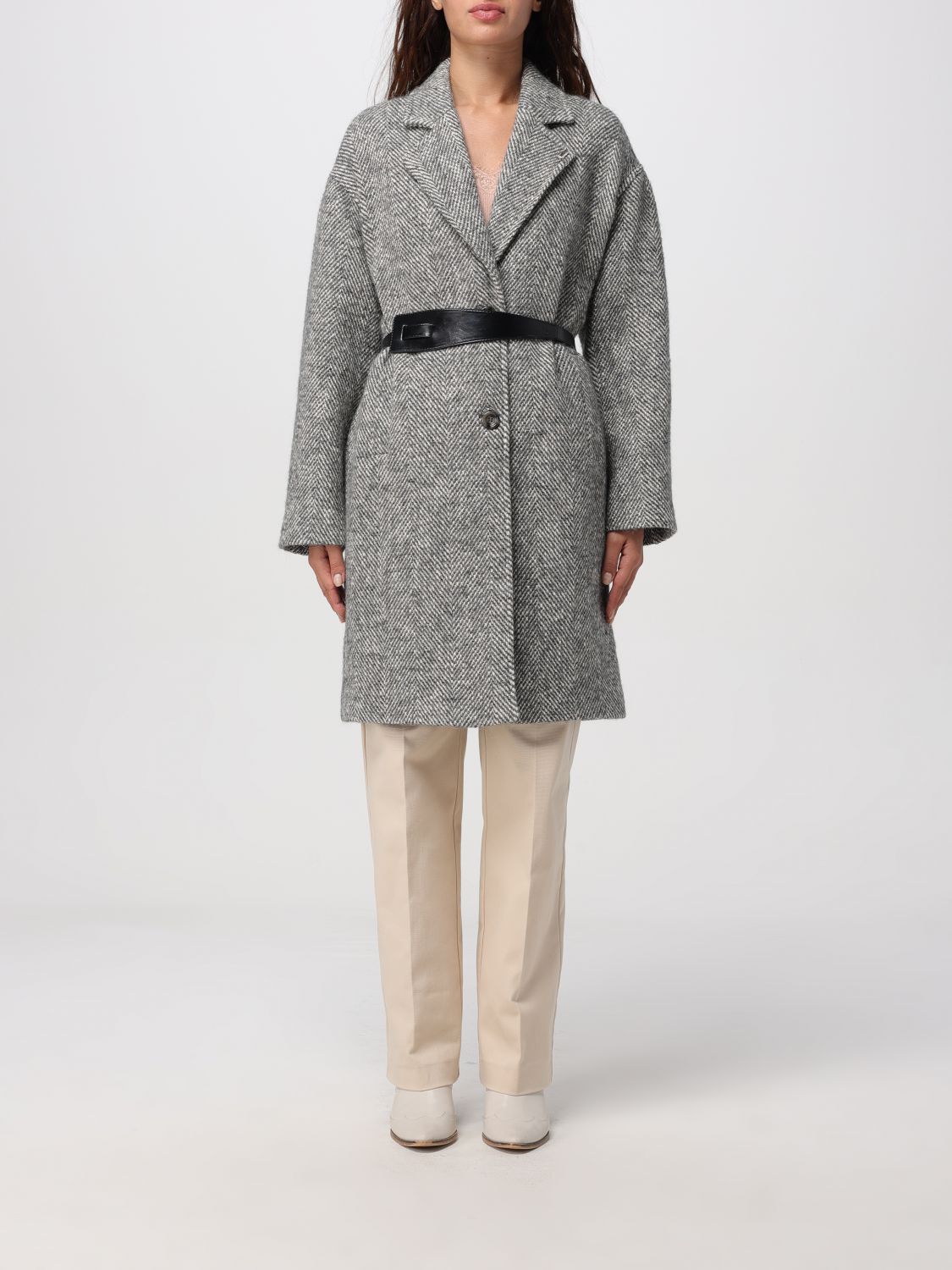 Liu •jo Herringbone-pattern Belted Coat In Gray