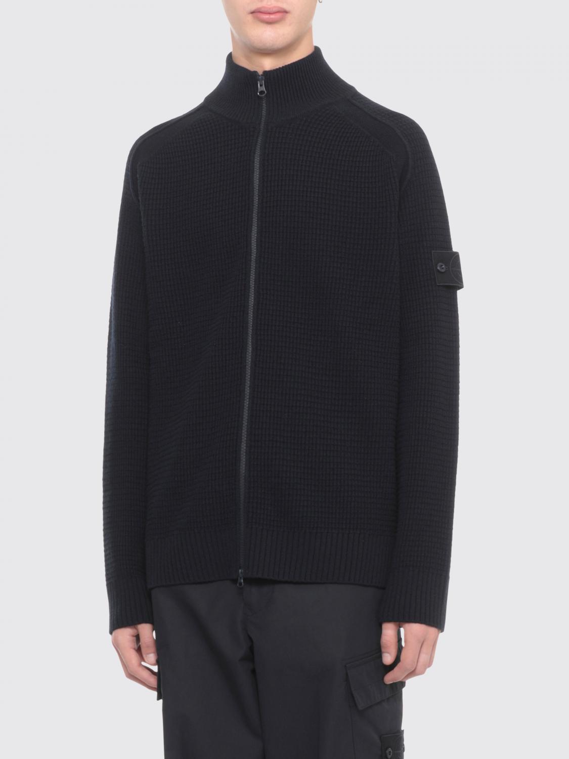 Stone Island Textured Knit Wool Cardigan In Black