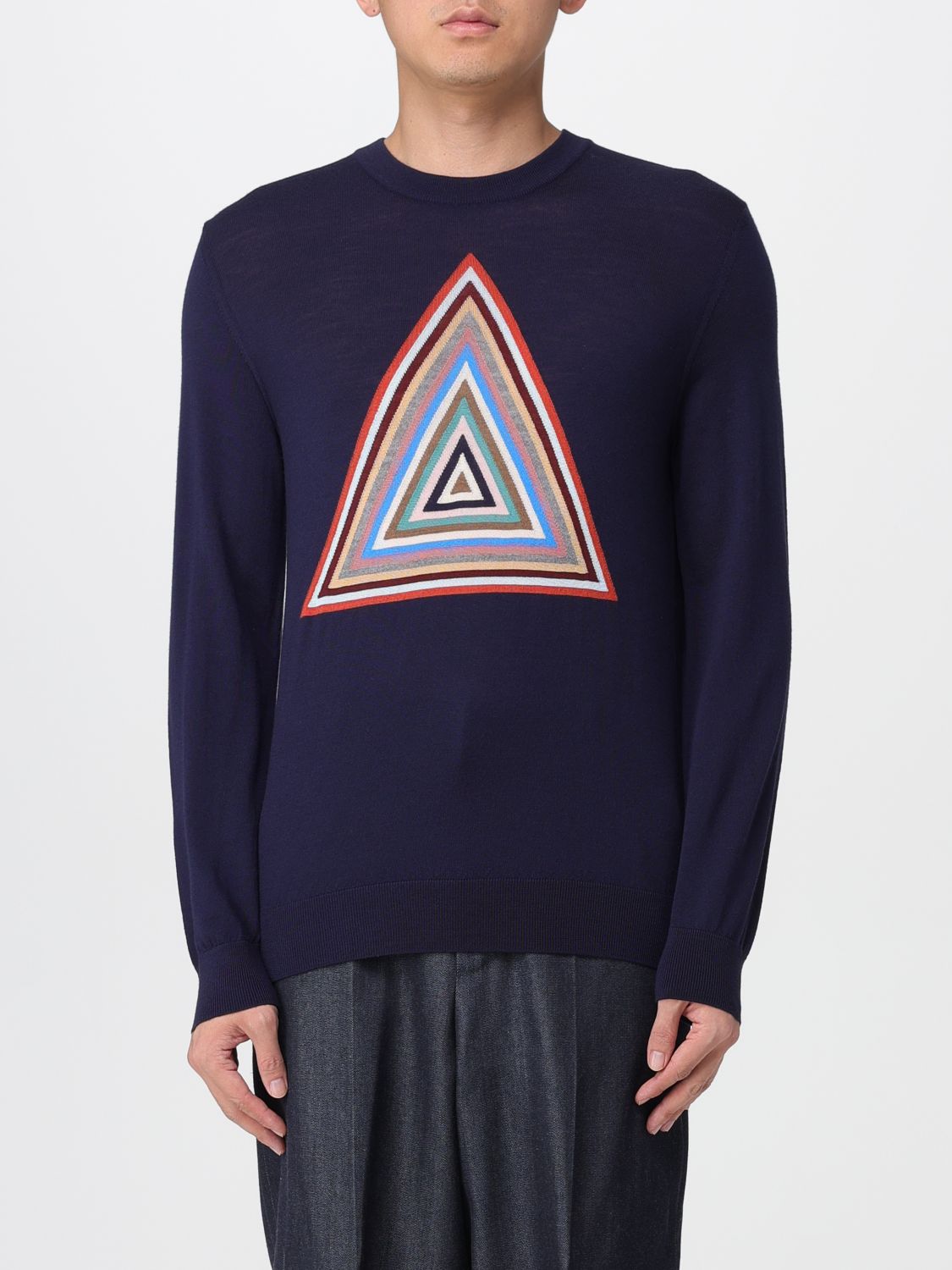 Paul Smith Navy Wool 'pyramid Stripe' Intarsia Sweater Blue In Blue