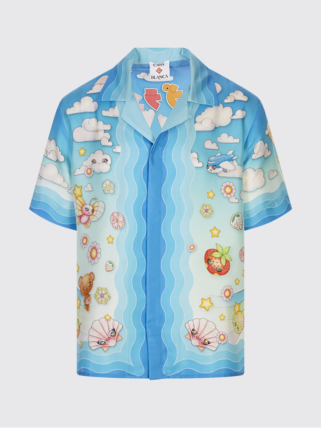 Casablanca Blue Kawaii Motif Short Sleeve Silk Twill Shirt In Blue