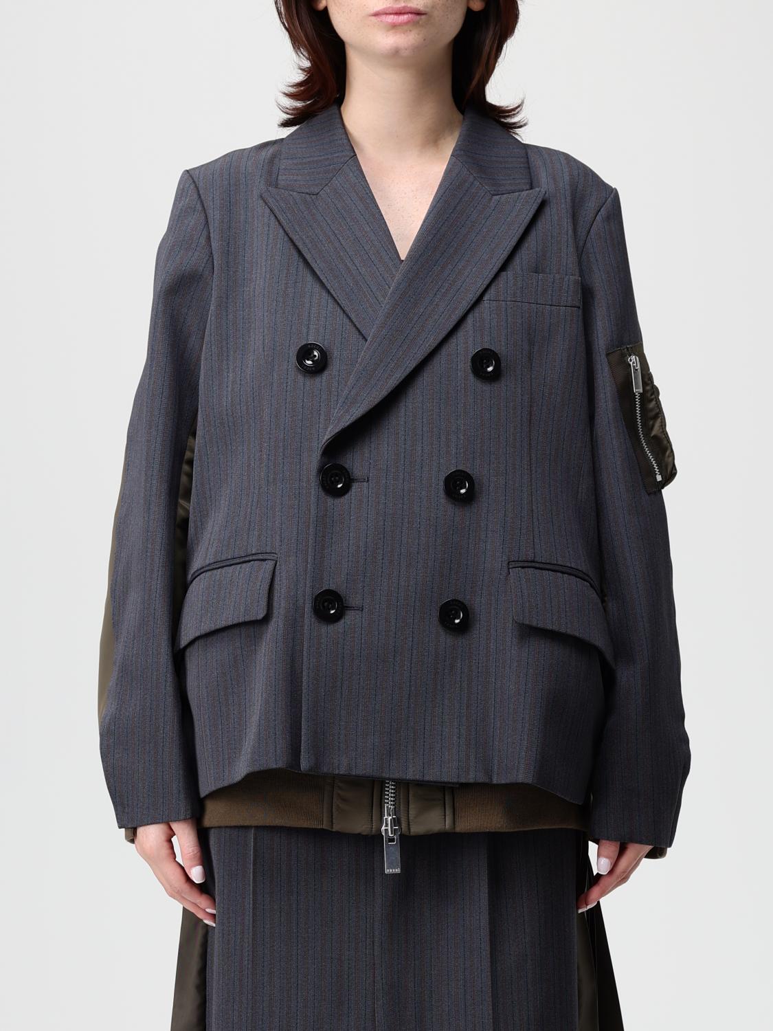 Sacai Wool And Twill Double-breasted Blazer In Multi