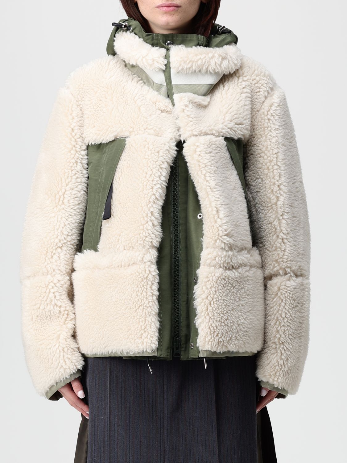 Sacai Two Tone Hooded Jacket Pockets In Neutral