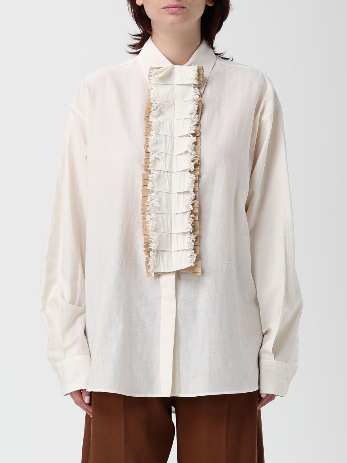 Marni Fringed Collared Top Long Sleeves In Neutral