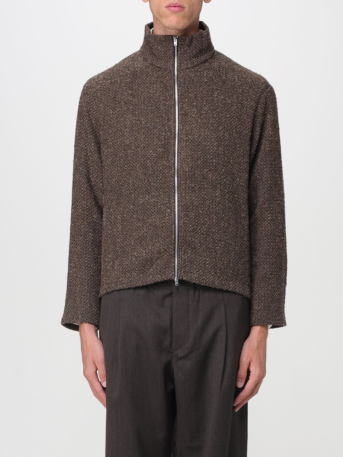 Our Legacy Textured Fabric Long Sleeve High Collar Cardigan In Brown